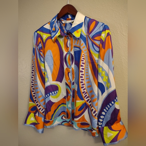 Zara Retro Swirl Print Button Down Shirt Size Large - Picture 3 of 14